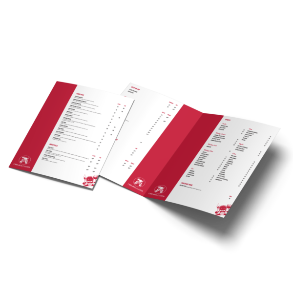 Open trifold brochure with red and white design