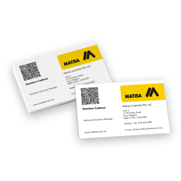 Matisa business cards with contact details and QR code