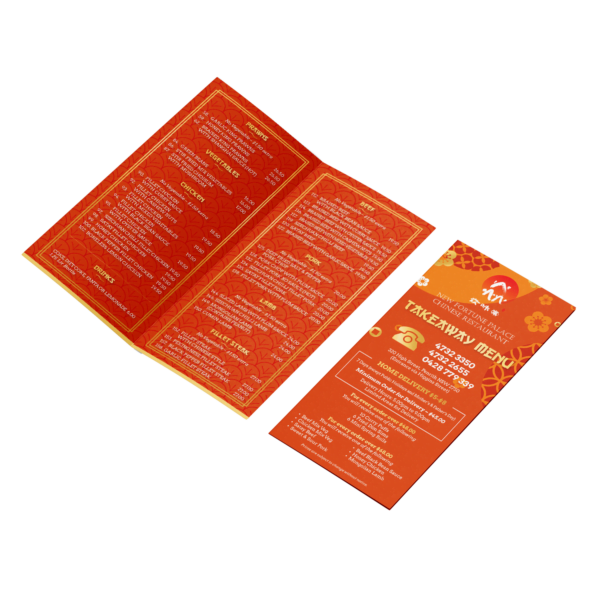 Open vibrant orange Indian restaurant takeaway menu