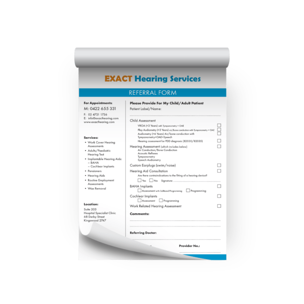 Rolled up hearing services referral form on tablet.
