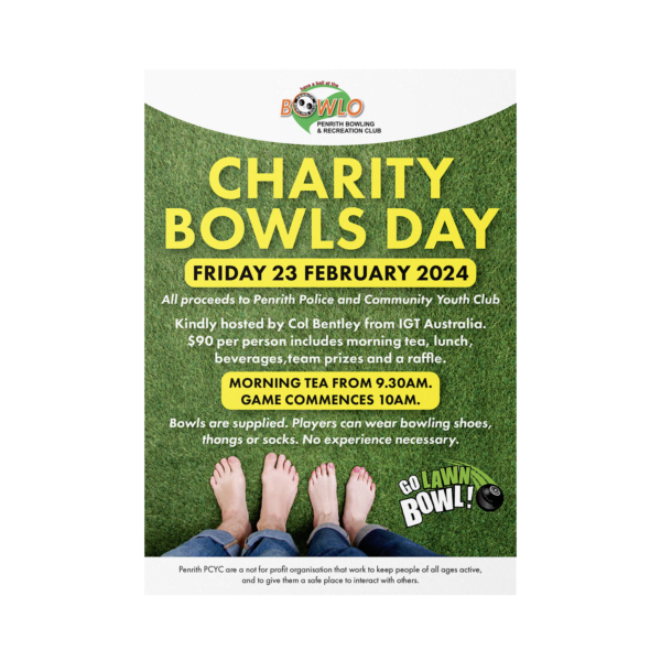 Poster for Charity Bowls Day event on grass background